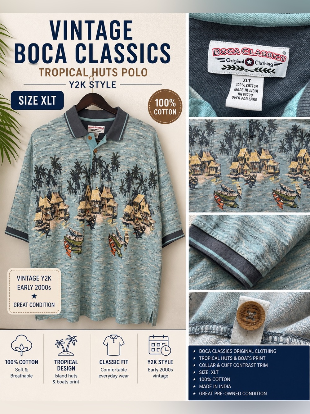 Vintage Y2K Boca Classics Tropical Island Print Polo Short XLT Gpa Beachcore